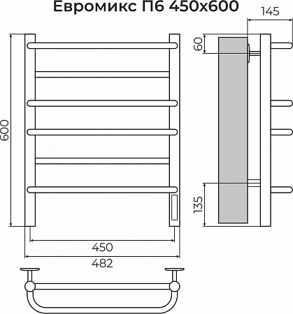 Евромикс П6 450х600 электро КС 9005 матовый ( new встроен диммер) Полотенцесушитель TERMINUS Волжский - фото 3